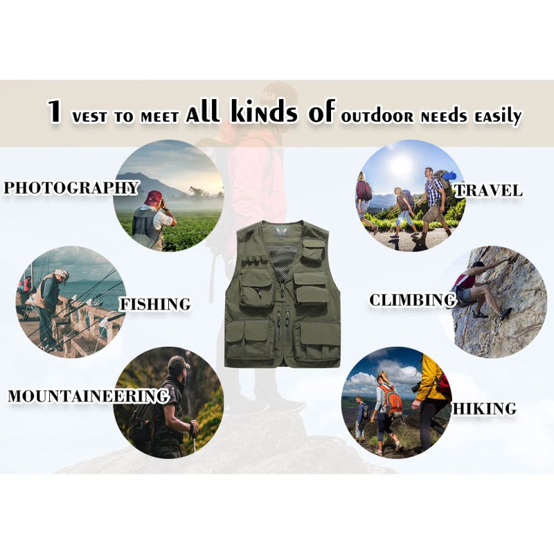 Flygo Men's Casual Lightweight Outdoor Fishing Work Safari Travel Photo Cargo Vest Jacket Multi Pockets(XX-Large, Khaki) - Image 5